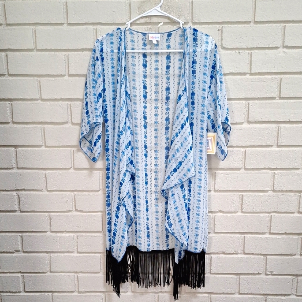 LuLaRoe Boho Blue Kimono with Fringe. Size Small NWT